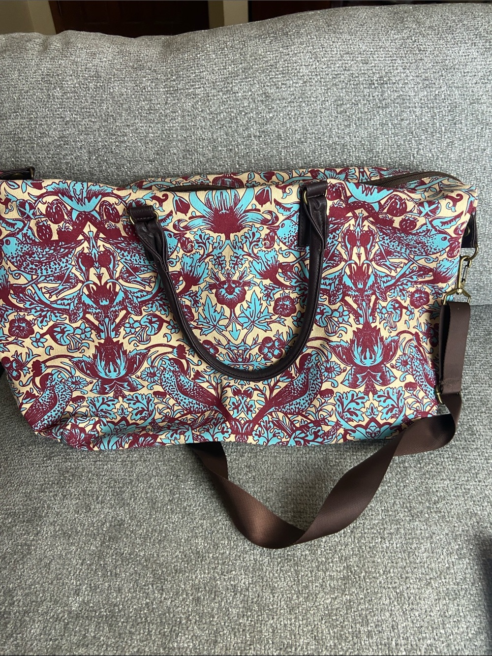 Lulu Dharma Patterned Weekend Tote Bag in Burgundy, Teal & Cream